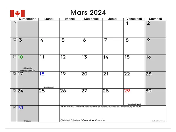 Calendrier Canada pour mars 2024 à imprimer gratuit. Semaine : Dimanche à samedi.