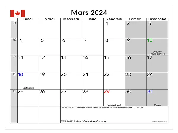Calendrier Canada pour mars 2024 à imprimer gratuit. Semaine : Lundi à dimanche.