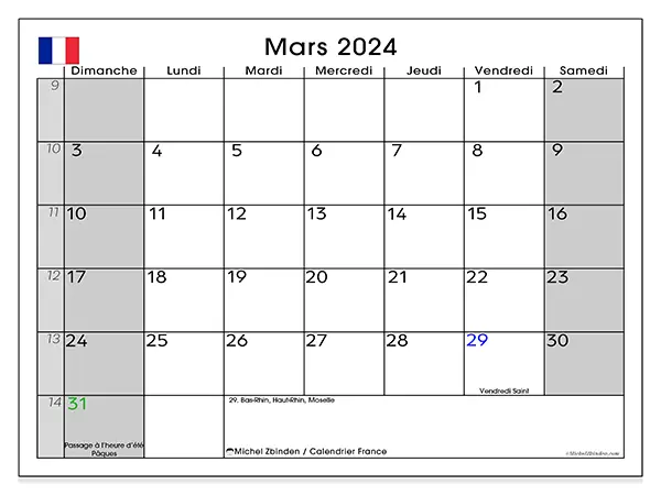 Calendrier France pour mars 2024 à imprimer gratuit. Semaine : Dimanche à samedi.