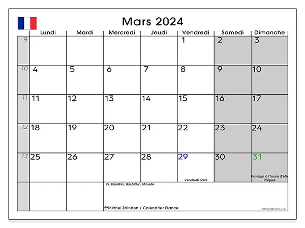 Calendrier France pour mars 2024 à imprimer gratuit. Semaine : Lundi à dimanche.