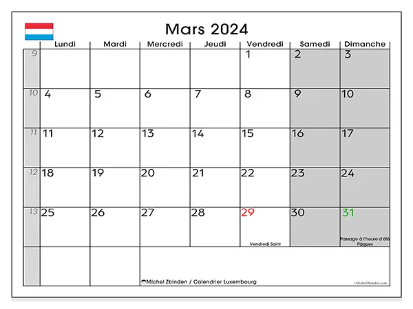 Calendrier Luxembourg pour mars 2024 à imprimer gratuit. Semaine : Lundi à dimanche.