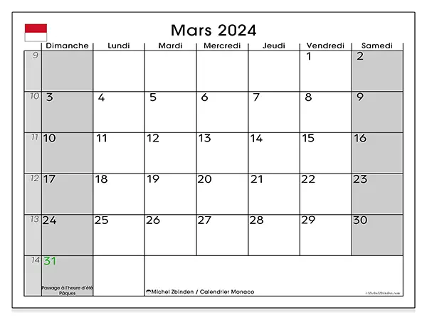 Calendrier Monaco pour mars 2024 à imprimer gratuit. Semaine : Dimanche à samedi.