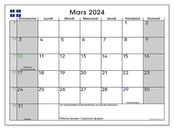 Calendrier Québec à imprimer gratuit, mars 2025. Semaine :  Dimanche à samedi