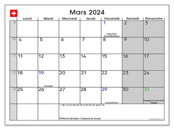 Calendrier Suisse pour mars 2024 à imprimer gratuit. Semaine : Lundi à dimanche.