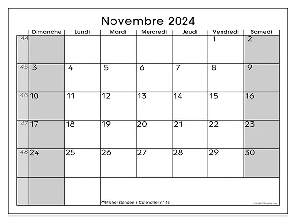 Calendrier n° 43 à imprimer gratuit, novembre 2025. Semaine :  Dimanche à samedi