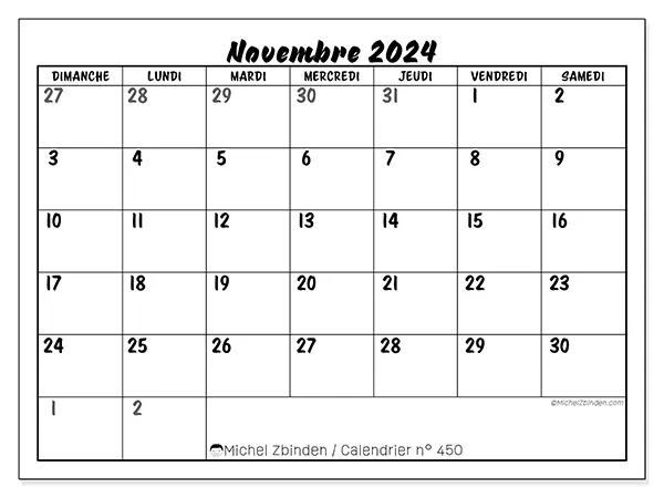 Calendrier n° 450 pour novembre 2024 à imprimer gratuit. Semaine : Dimanche à samedi.