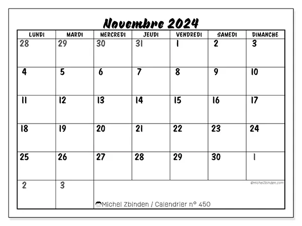 Calendrier n° 450 pour novembre 2024 à imprimer gratuit. Semaine : Lundi à dimanche.