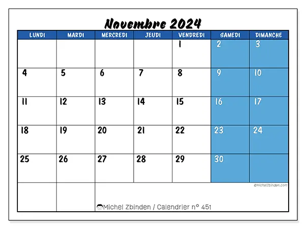 Calendrier n° 451 pour novembre 2024 à imprimer gratuit. Semaine : Lundi à dimanche.
