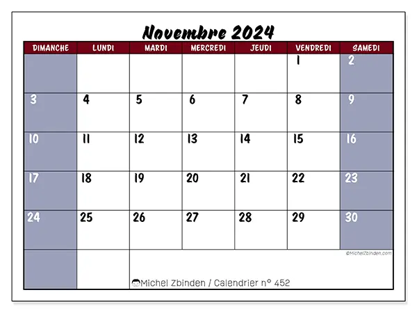 Calendrier n° 452 pour novembre 2024 à imprimer gratuit. Semaine : Dimanche à samedi.