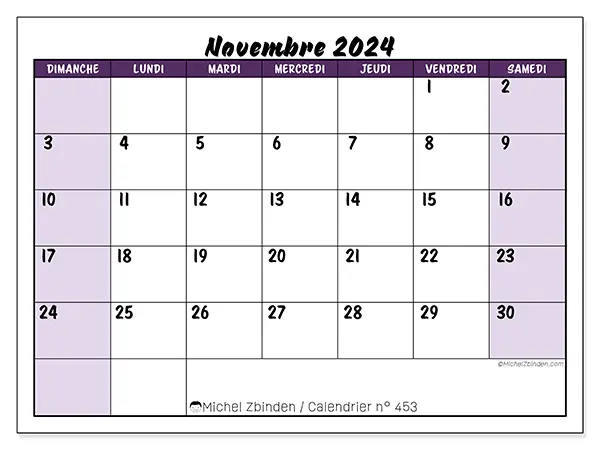 Calendrier n° 453 pour novembre 2024 à imprimer gratuit. Semaine : Dimanche à samedi.