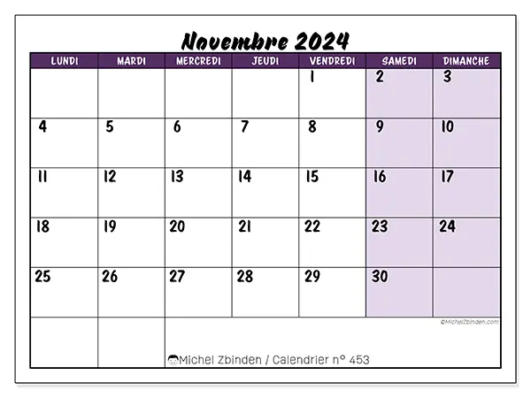 Calendrier n° 453 pour novembre 2024 à imprimer gratuit. Semaine : Lundi à dimanche.