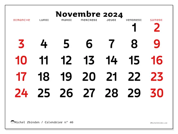 Calendrier n° 46 à imprimer gratuit, novembre 2025. Semaine :  Dimanche à samedi