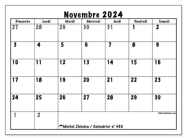 Calendrier n° 480 à imprimer gratuit, novembre 2025. Semaine :  Dimanche à samedi
