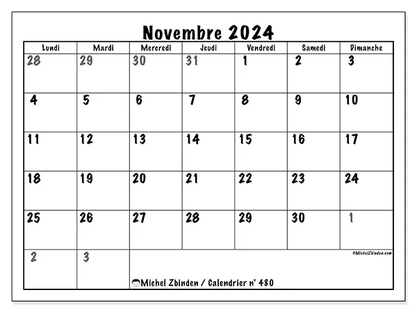 Calendrier n° 480 pour novembre 2024 à imprimer gratuit. Semaine : Lundi à dimanche.