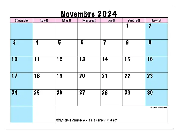 Calendrier n° 482 pour novembre 2024 à imprimer gratuit. Semaine : Dimanche à samedi.