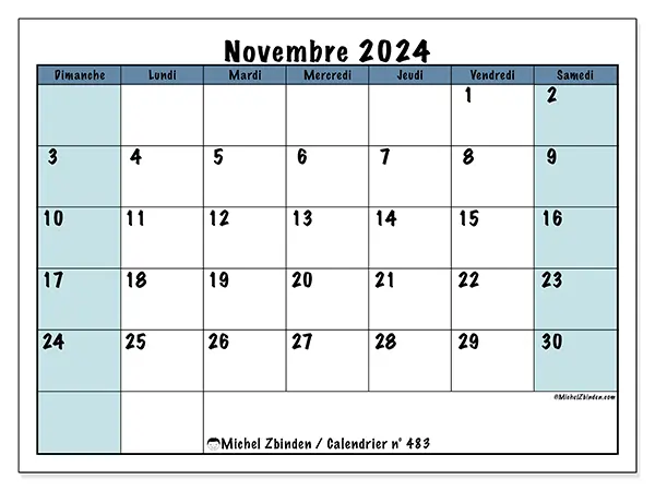 Calendrier n° 483 pour novembre 2024 à imprimer gratuit. Semaine : Dimanche à samedi.