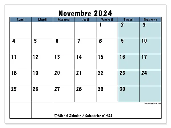 Calendrier n° 483 pour novembre 2024 à imprimer gratuit. Semaine : Lundi à dimanche.