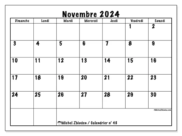 Calendrier n° 48 à imprimer gratuit, novembre 2025. Semaine :  Dimanche à samedi