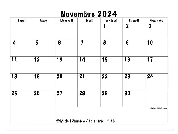 Calendrier n° 48 pour novembre 2024 à imprimer gratuit. Semaine : Lundi à dimanche.