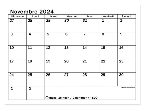 Calendrier n° 500 à imprimer gratuit, novembre 2025. Semaine :  Dimanche à samedi