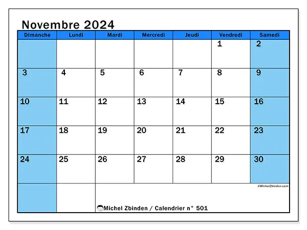 Calendrier n° 501 pour novembre 2024 à imprimer gratuit. Semaine : Dimanche à samedi.