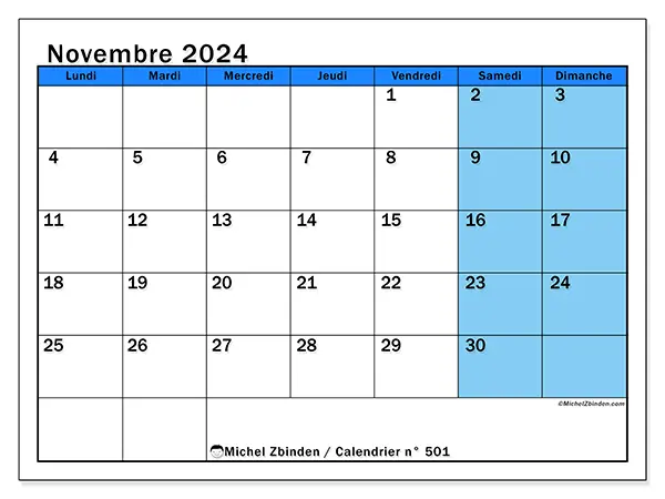 Calendrier n° 501 pour novembre 2024 à imprimer gratuit. Semaine : Lundi à dimanche.