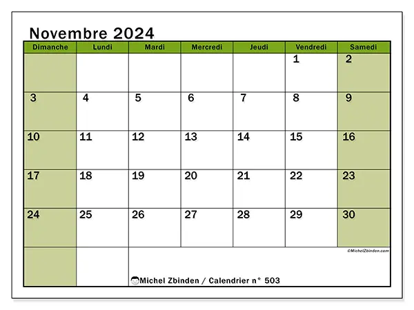 Calendrier n° 503 à imprimer gratuit, novembre 2025. Semaine :  Dimanche à samedi
