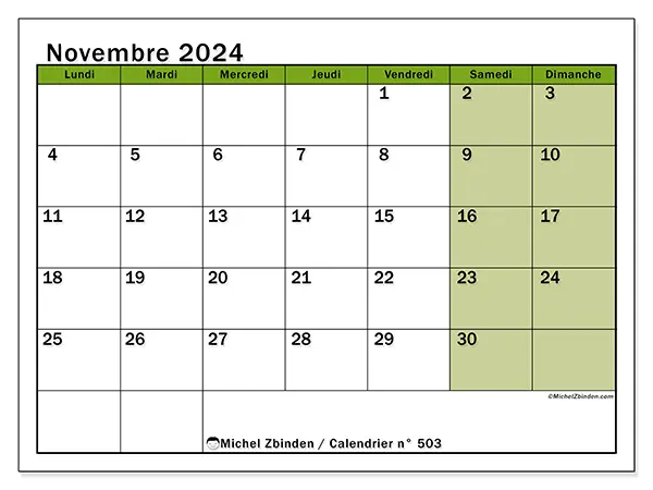 Calendrier n° 503 pour novembre 2024 à imprimer gratuit. Semaine : Lundi à dimanche.