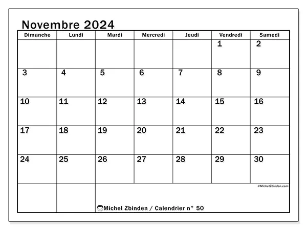 Calendrier n° 50 pour novembre 2024 à imprimer gratuit. Semaine : Dimanche à samedi.
