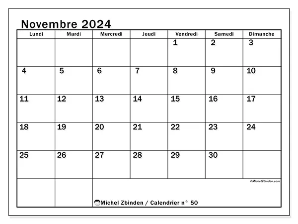 Calendrier n° 50 pour novembre 2024 à imprimer gratuit. Semaine : Lundi à dimanche.