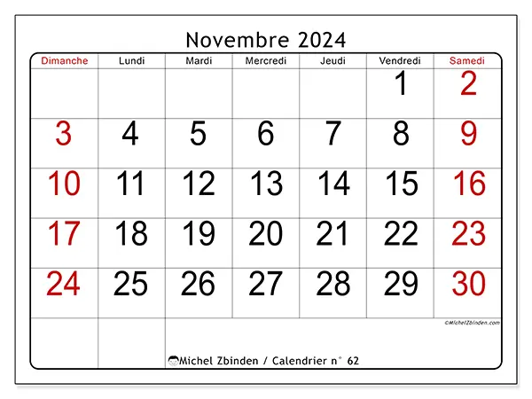 Calendrier n° 62 pour novembre 2024 à imprimer gratuit. Semaine : Dimanche à samedi.