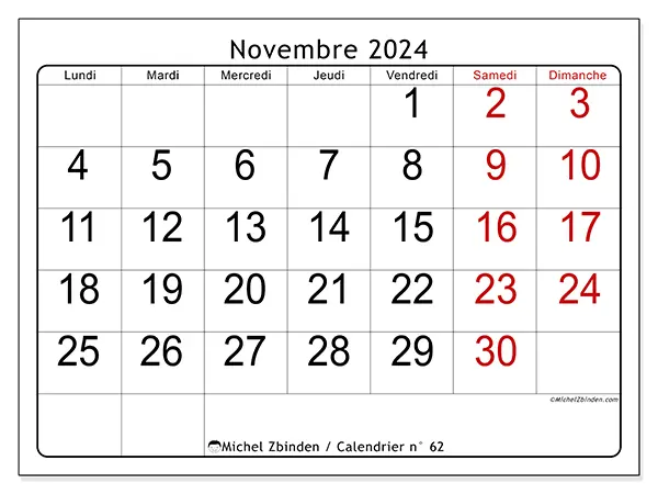 Calendrier n° 62 pour novembre 2024 à imprimer gratuit. Semaine : Lundi à dimanche.