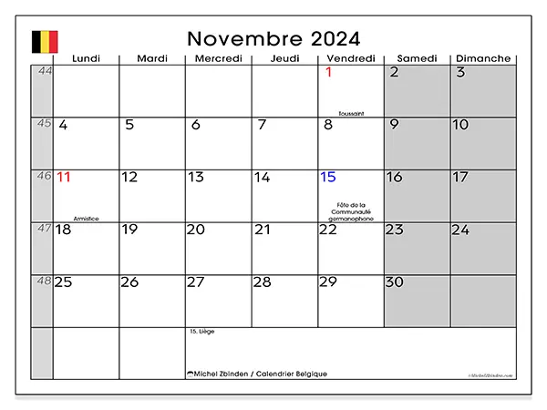 Calendrier Belgique pour novembre 2024 à imprimer gratuit. Semaine : Lundi à dimanche.