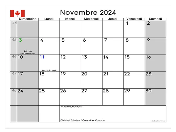 Calendrier Canada pour novembre 2024 à imprimer gratuit. Semaine : Dimanche à samedi.