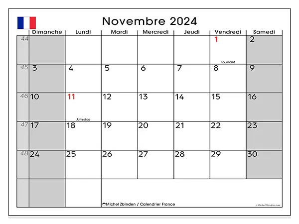 Calendrier France pour novembre 2024 à imprimer gratuit. Semaine : Dimanche à samedi.