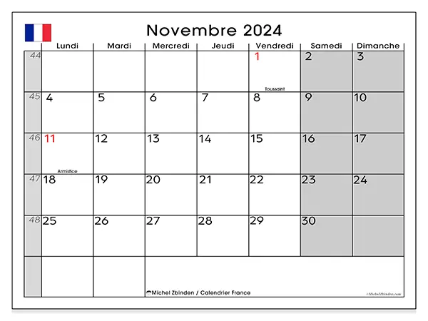 Calendrier France pour novembre 2024 à imprimer gratuit. Semaine : Lundi à dimanche.