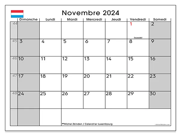Calendrier Luxembourg pour novembre 2024 à imprimer gratuit. Semaine : Dimanche à samedi.