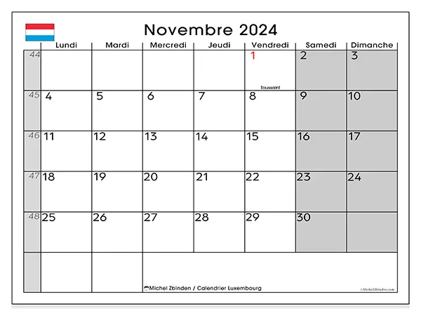 Calendrier Luxembourg pour novembre 2024 à imprimer gratuit. Semaine : Lundi à dimanche.