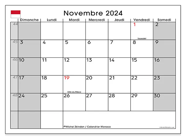 Calendrier Monaco pour novembre 2024 à imprimer gratuit. Semaine : Dimanche à samedi.