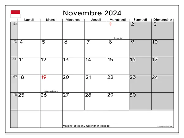 Calendrier Monaco pour novembre 2024 à imprimer gratuit. Semaine : Lundi à dimanche.