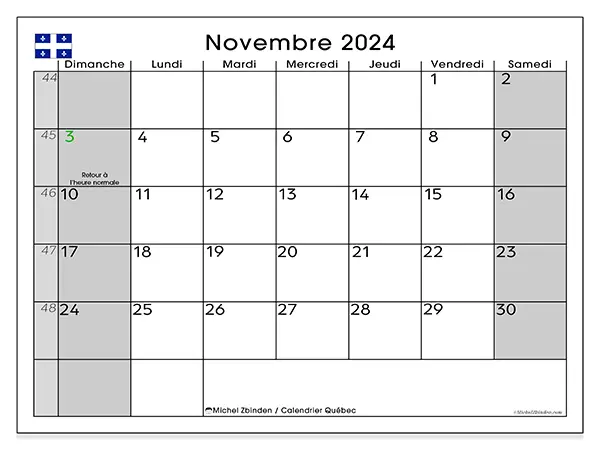 Calendrier Québec pour novembre 2024 à imprimer gratuit. Semaine : Dimanche à samedi.