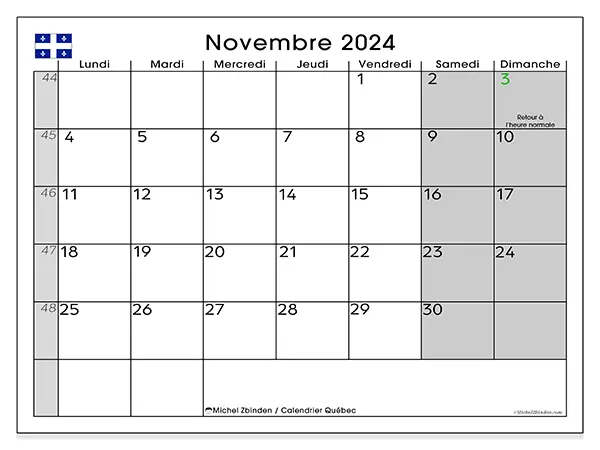 Calendrier Québec pour novembre 2024 à imprimer gratuit. Semaine : Lundi à dimanche.