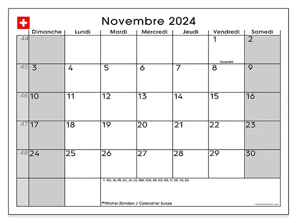 Calendrier Suisse pour novembre 2024 à imprimer gratuit. Semaine : Dimanche à samedi.