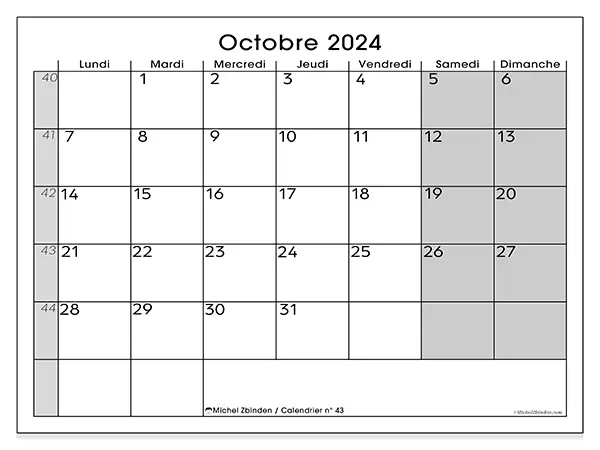 Calendrier n° 43 à imprimer gratuit, octobre 2025. Semaine :  Lundi à dimanche