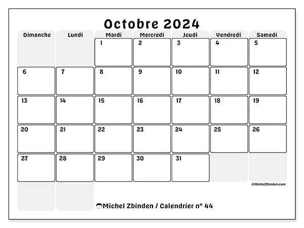 Calendrier n° 44 pour octobre 2024 à imprimer gratuit. Semaine : Dimanche à samedi.