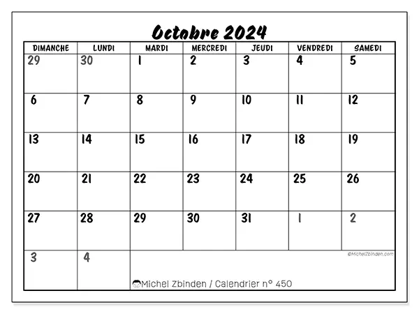 Calendrier n° 450 pour octobre 2024 à imprimer gratuit. Semaine : Dimanche à samedi.