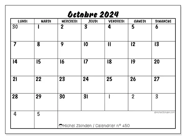 Calendrier n° 450 pour octobre 2024 à imprimer gratuit. Semaine : Lundi à dimanche.