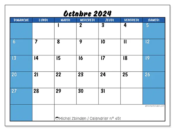 Calendrier n° 451 pour octobre 2024 à imprimer gratuit. Semaine : Dimanche à samedi.