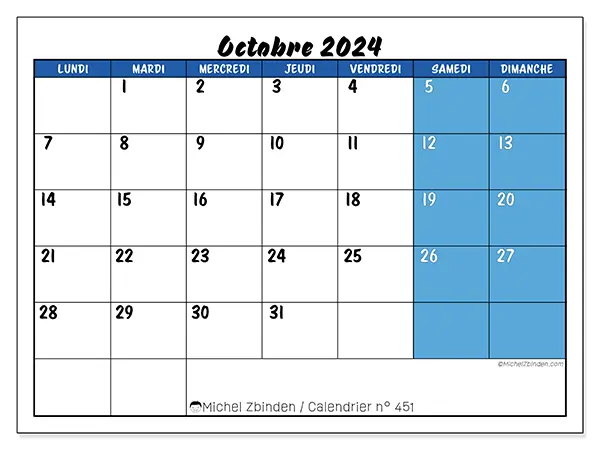 Calendrier n° 451 pour octobre 2024 à imprimer gratuit. Semaine : Lundi à dimanche.