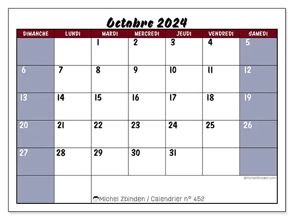 Calendrier n° 452 pour octobre 2024 à imprimer gratuit. Semaine : Dimanche à samedi.